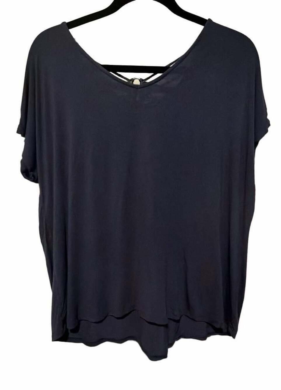 Papermoon Grey Blue V-Neck Short Sleeve Top with Crisscross Back Detail